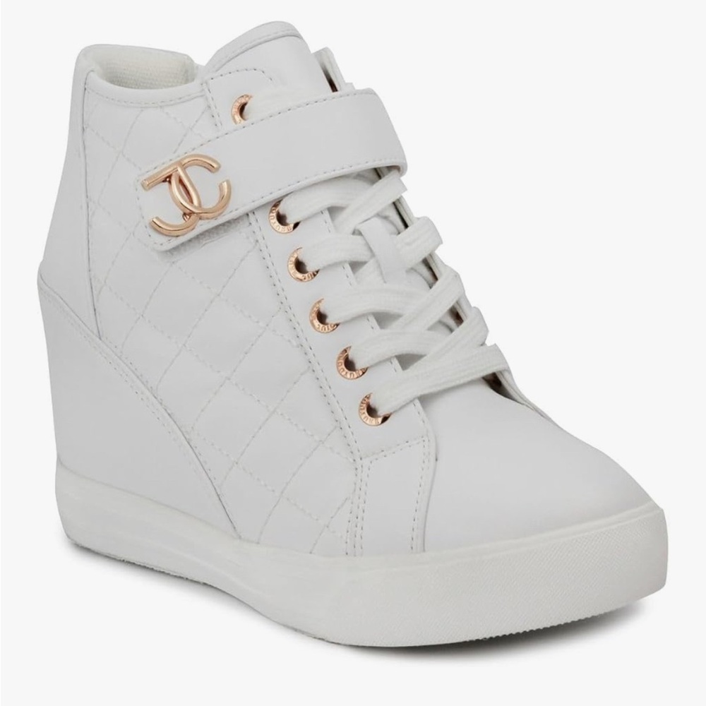Juicy Couture White Quilted Wedge Sneaker with Rose Gold Accents